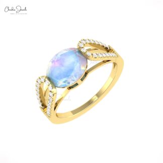 Two Birthstone Split Shank Ring With 10x8mm Rainbow Moonstone And Diamond 14k Gold Ring