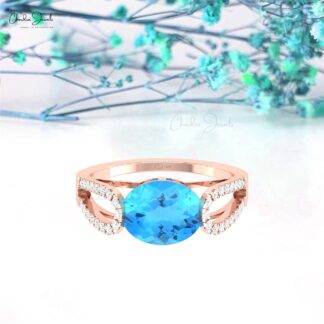 Diamond Split Shank Ring With 10x8mm Swiss Blue Topaz Prong Set in 14k Pure Gold Ring