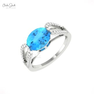 Diamond Split Shank Ring With 10x8mm Swiss Blue Topaz Prong Set in 14k Pure Gold Ring