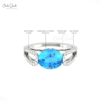Diamond Split Shank Ring With 10x8mm Swiss Blue Topaz Prong Set in 14k Pure Gold Ring