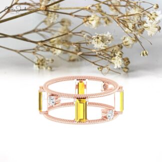 Stacking Twisted Wire Ring With 1 Ct Citrine And Diamond Prong Set In 14k Solid Gold Rings