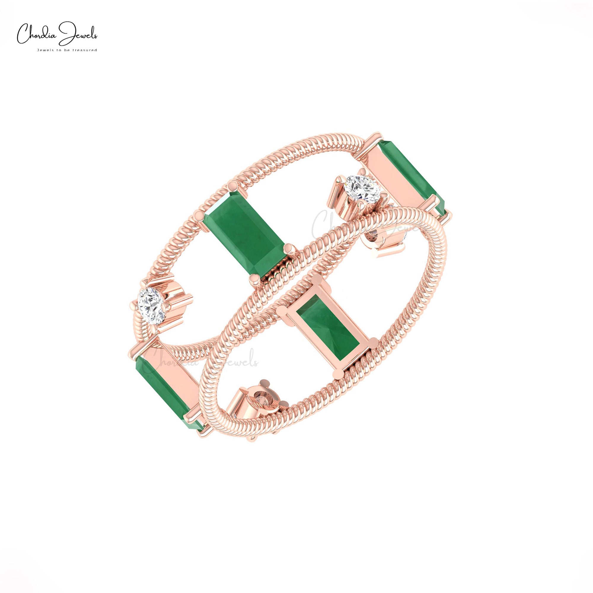 Baguette Twisted Wire Ring In 14k Real Gold Emerald And Diamond Prong Set Rings For Her