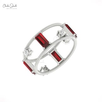 Double Row Stack Band In Pure 14k Gold Red Garnet 1 Ct Baguette And Diamond Twisted Ring