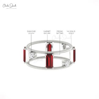 Double Row Stack Band In Pure 14k Gold Red Garnet 1 Ct Baguette And Diamond Twisted Ring