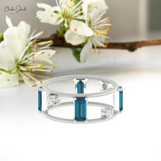 Baguette London Blue Topaz Dual Cage Twisted Ring In 14k Gold Diamond Hallmarked Jewelry