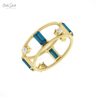Baguette London Blue Topaz Dual Cage Twisted Ring In 14k Gold Diamond Hallmarked Jewelry