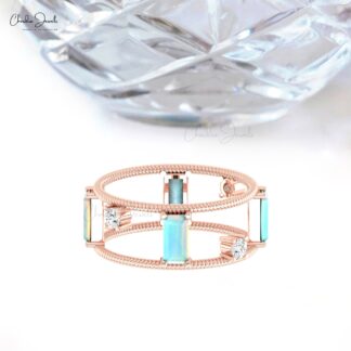Gemstone Two Cage Ring In Real 14k Gold Opal 6x3mm Baguette Twisted Diamond Rings