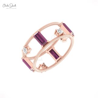 Stack Dual Cage Ring In 14k Real Gold Rhodolite Garnet G-H Diamond Twisted Women Rings