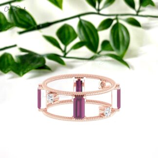 Stack Dual Cage Ring In 14k Real Gold Rhodolite Garnet G-H Diamond Twisted Women Rings