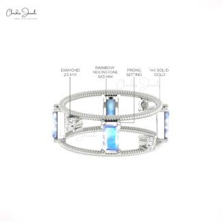 Solid 14k Gold Twisted Wire Ring With 6x3mm Baguette Moonstone & Diamond Stackable Rings