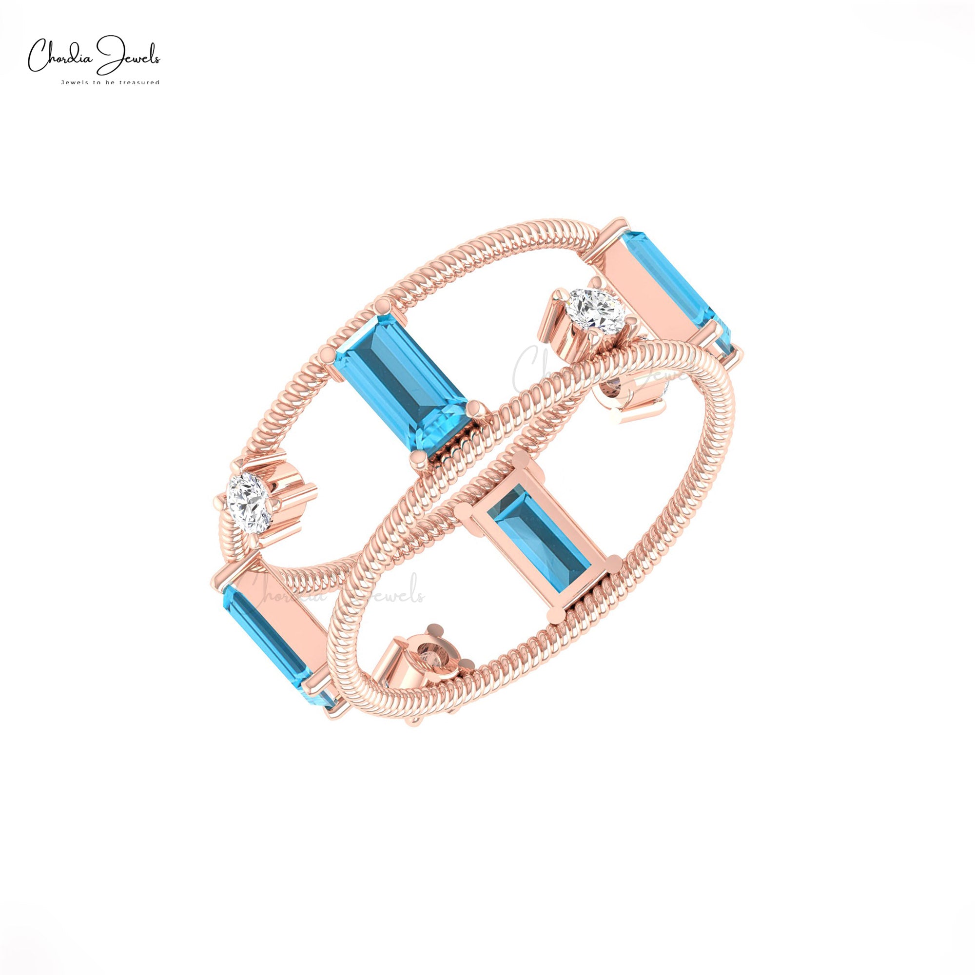 Twisted Wire Baguette Ring With 6x3mm Swiss Blue Topaz Prong Set Diamond 14k Gold Rings