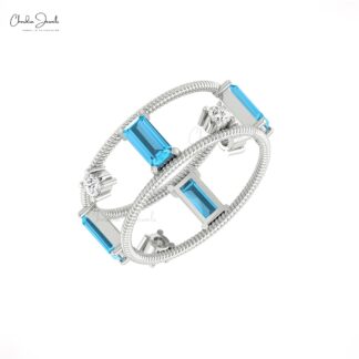 Twisted Wire Baguette Ring With 6x3mm Swiss Blue Topaz Prong Set Diamond 14k Gold Rings