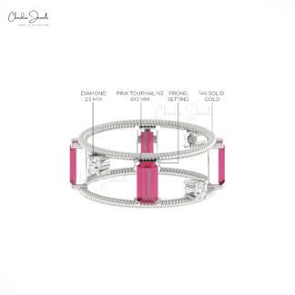 Pure 14k Gold Dual Wire Band with 6x3mm Pink Tourmaline And Round Diamond Twisted Ring