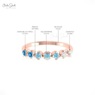 Half Eternity Diamond Band In Solid 14k Gold Swiss Blue Topaz And Aquamarine Wedding Ring