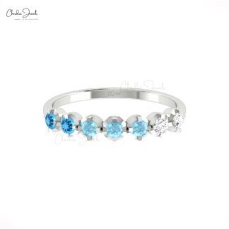 Half Eternity Diamond Band In Solid 14k Gold Swiss Blue Topaz And Aquamarine Wedding Ring