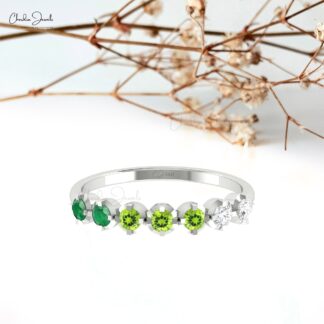 Stackable 7 Stone Ring In 14k Pure Gold Emerald And Peridot Diamond Half Eternity Band