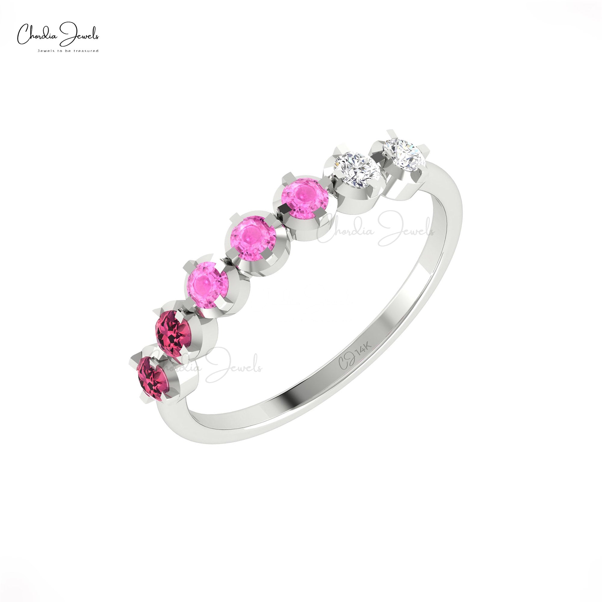 Round Cut Half Eternity Band With 2.5mm Pink Tourmaline And Sapphre Diamond Rings