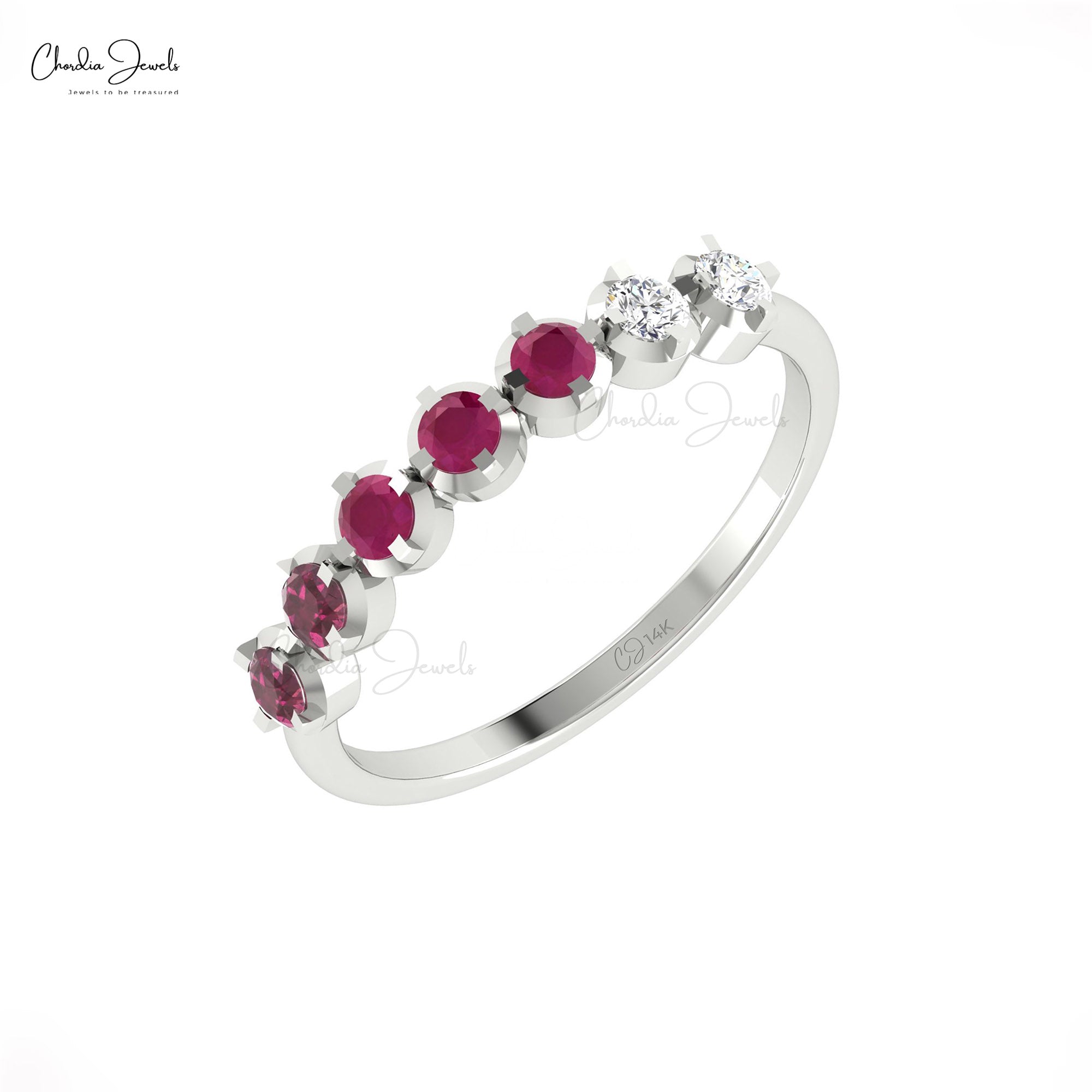 Seven Stone Stack Band In 14k Gold Ruby And Rhodolite Garnet Diamond Half Eternity Ring