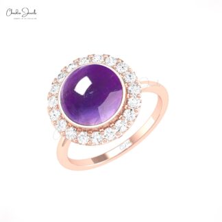 Bezel Set Statement Ring With 10mm Amethyst And Diamond Pave In 14k Real Gold Halo Rings