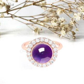 Bezel Set Statement Ring With 10mm Amethyst And Diamond Pave In 14k Real Gold Halo Rings