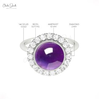 Bezel Set Statement Ring With 10mm Amethyst And Diamond Pave In 14k Real Gold Halo Rings