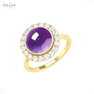 Bezel Set Statement Ring With 10mm Amethyst And Diamond Pave In 14k Real Gold Halo Rings