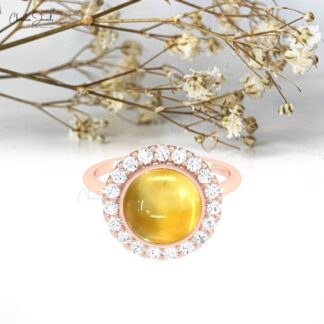 Halo Bezel Set Women Ring In 14k Solid Gold Citrine 10mm Cabochon And Diamond Ring