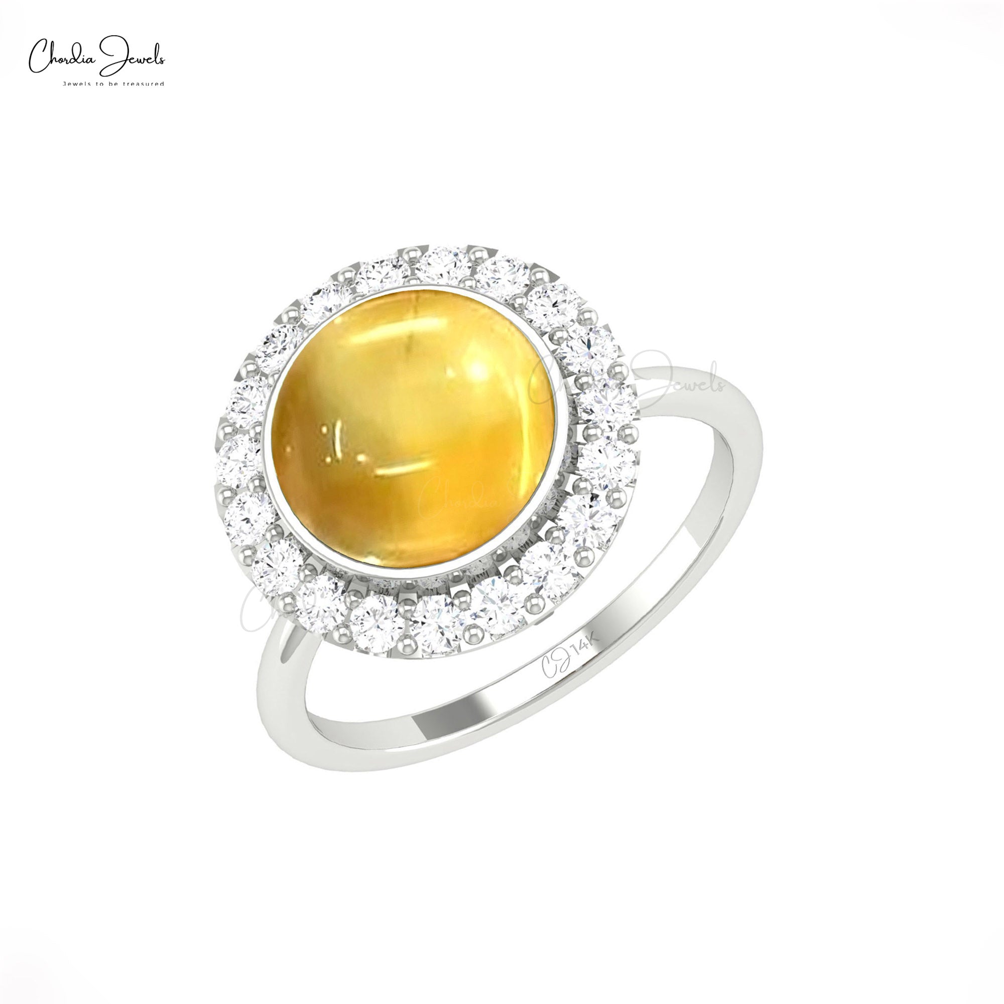 Halo Bezel Set Women Ring In 14k Solid Gold Citrine 10mm Cabochon And Diamond Ring