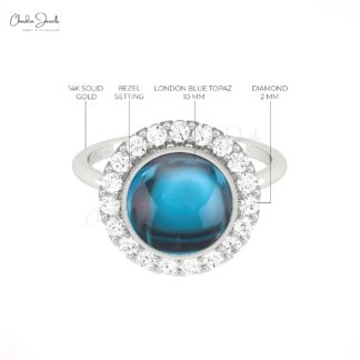 Pave Set Halo Diamond Ring With 10mm London Blue Topaz 14k Real Gold Wedding Rings