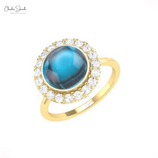 Pave Set Halo Diamond Ring With 10mm London Blue Topaz 14k Real Gold Wedding Rings