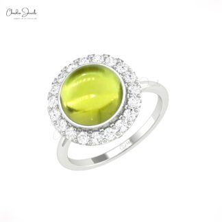 AAA Peridot Cocktail Halo Ring In 14k Pure Gold G-H Diamond Engagement Rings For Her