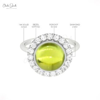 AAA Peridot Cocktail Halo Ring In 14k Pure Gold G-H Diamond Engagement Rings For Her