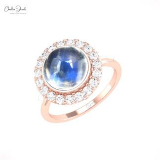 Round Rainbow Moonstone Halo Ring In 14k Solid Gold Diamond Cocktail Rings For Her