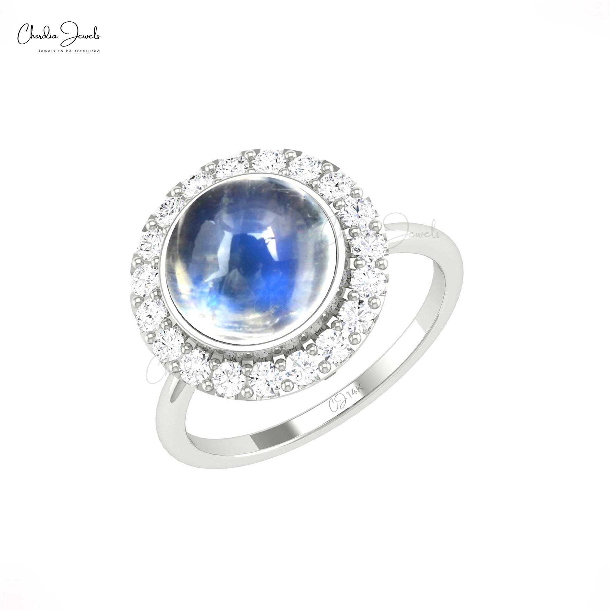 Round Rainbow Moonstone Halo Ring In 14k Solid Gold Diamond Cocktail Rings For Her