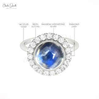 Round Rainbow Moonstone Halo Ring In 14k Solid Gold Diamond Cocktail Rings For Her