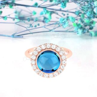 Statement Gemstone Ring In 14k Real Gold Swiss Blue Topaz And Diamond Halo Bridal Rings