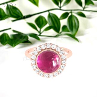 Gemstone Wedding Ring With 10mm Pink Tourmaline Diamond Halo Rings In 14k Real Gold