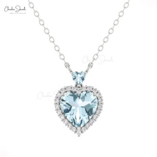 Real 14k Gold Halo Heart Necklace With 1.75 Ct Aquamarine Diamond Minimalist Necklaces