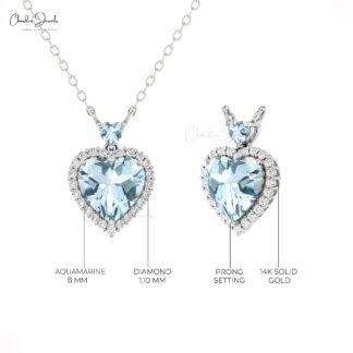 Real 14k Gold Halo Heart Necklace With 1.75 Ct Aquamarine Diamond Minimalist Necklaces