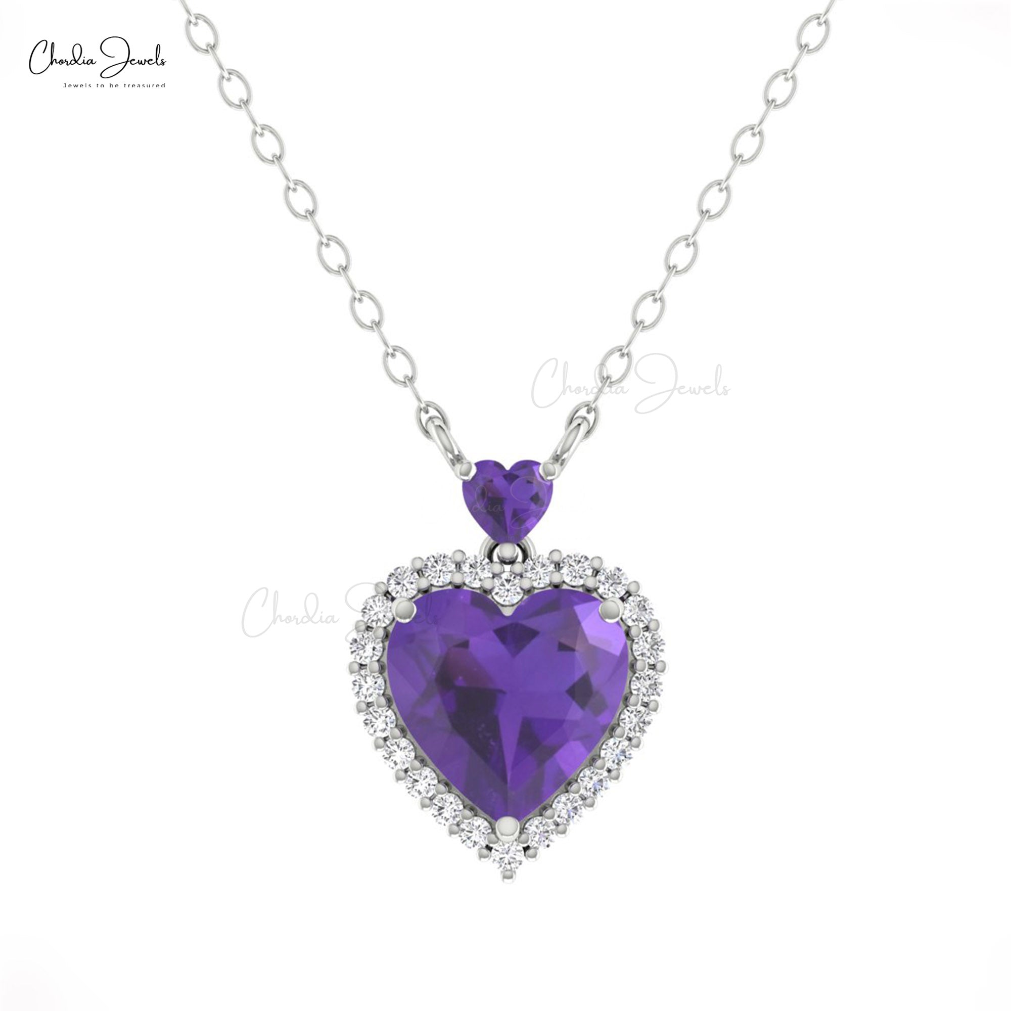 Halo Heart Chain Necklace With 1.75 Ct Amethyst Halo Diamond 14k Real Gold Love Necklaces