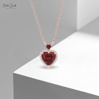 Two Gemstone Love Necklace In 14k Pure Gold Red Garnet Halo Diamond Heart Necklace