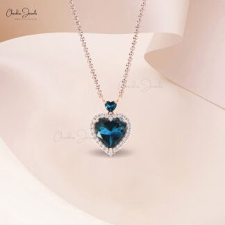 AAA London Blue Topaz Heart Necklace With Halo Diamond 14k Solid Gold Chain Necklaces