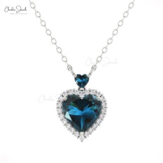 AAA London Blue Topaz Heart Necklace With Halo Diamond 14k Solid Gold Chain Necklaces