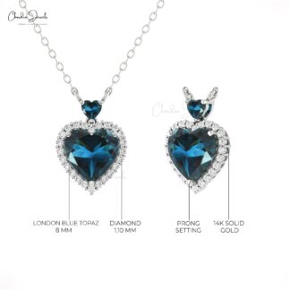 AAA London Blue Topaz Heart Necklace With Halo Diamond 14k Solid Gold Chain Necklaces