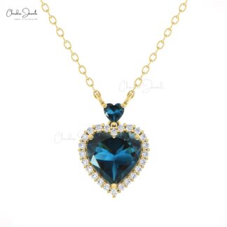AAA London Blue Topaz Heart Necklace With Halo Diamond 14k Solid Gold Chain Necklaces