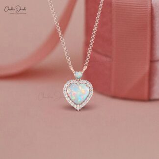 Double Heart Necklace In 14k Real Gold Fire Opal 1.75 Ct And Diamond Halo Chain Necklaces