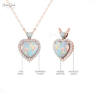 Double Heart Necklace In 14k Real Gold Fire Opal 1.75 Ct And Diamond Halo Chain Necklaces