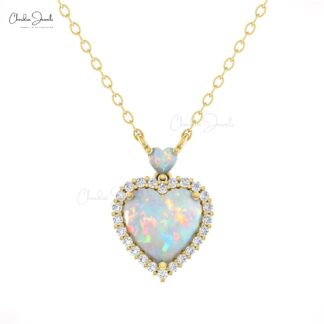Double Heart Necklace In 14k Real Gold Fire Opal 1.75 Ct And Diamond Halo Chain Necklaces