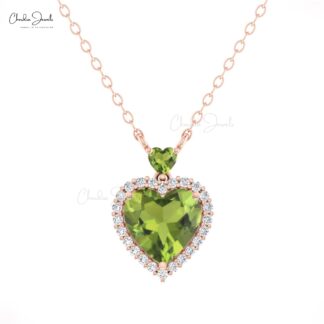 Heart Cut Peridot Necklace With G-H Diamond Pave In 14k Solid Gold Fine Jewelry For Love