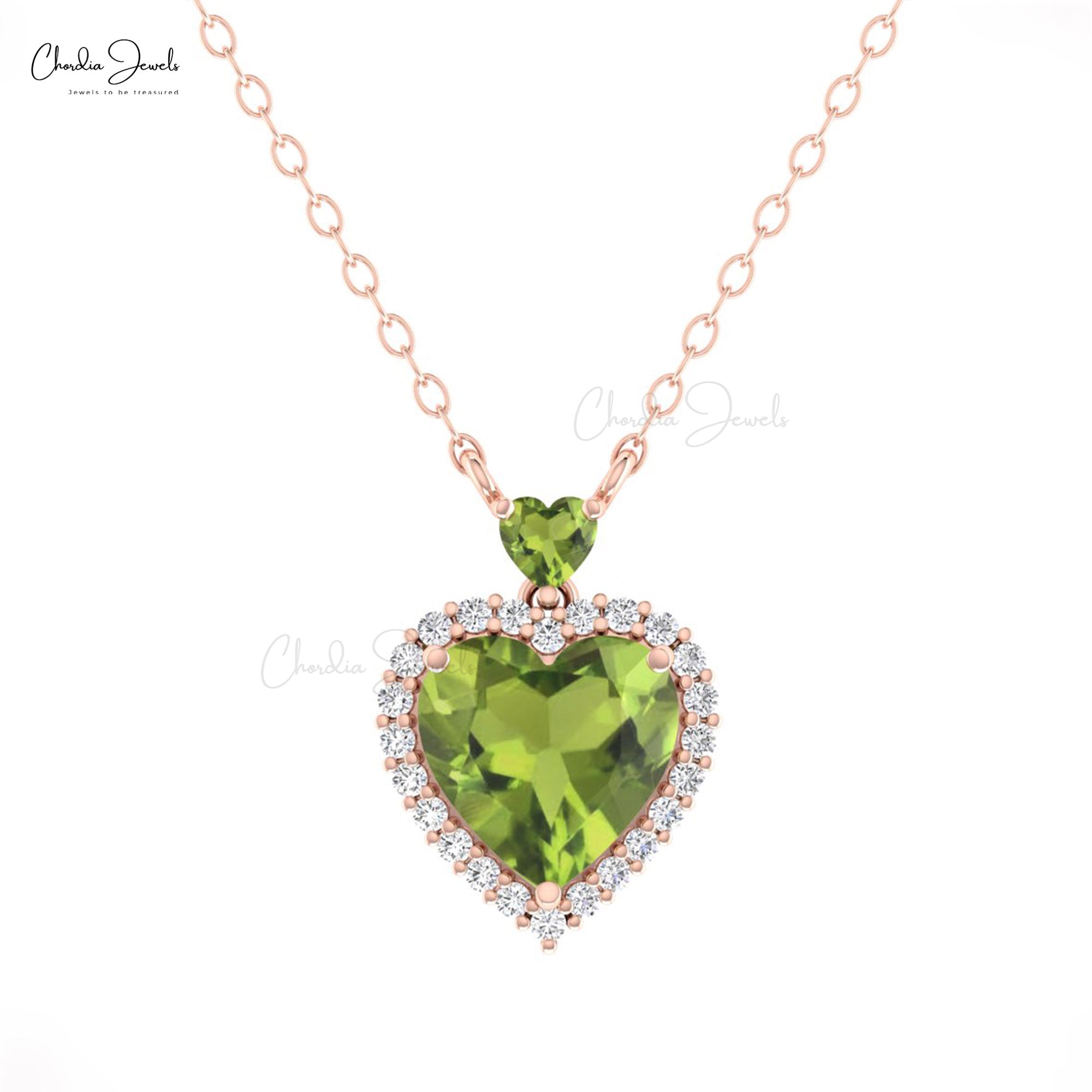 Heart Cut Peridot Necklace With G-H Diamond Pave In 14k Solid Gold Fine Jewelry For Love